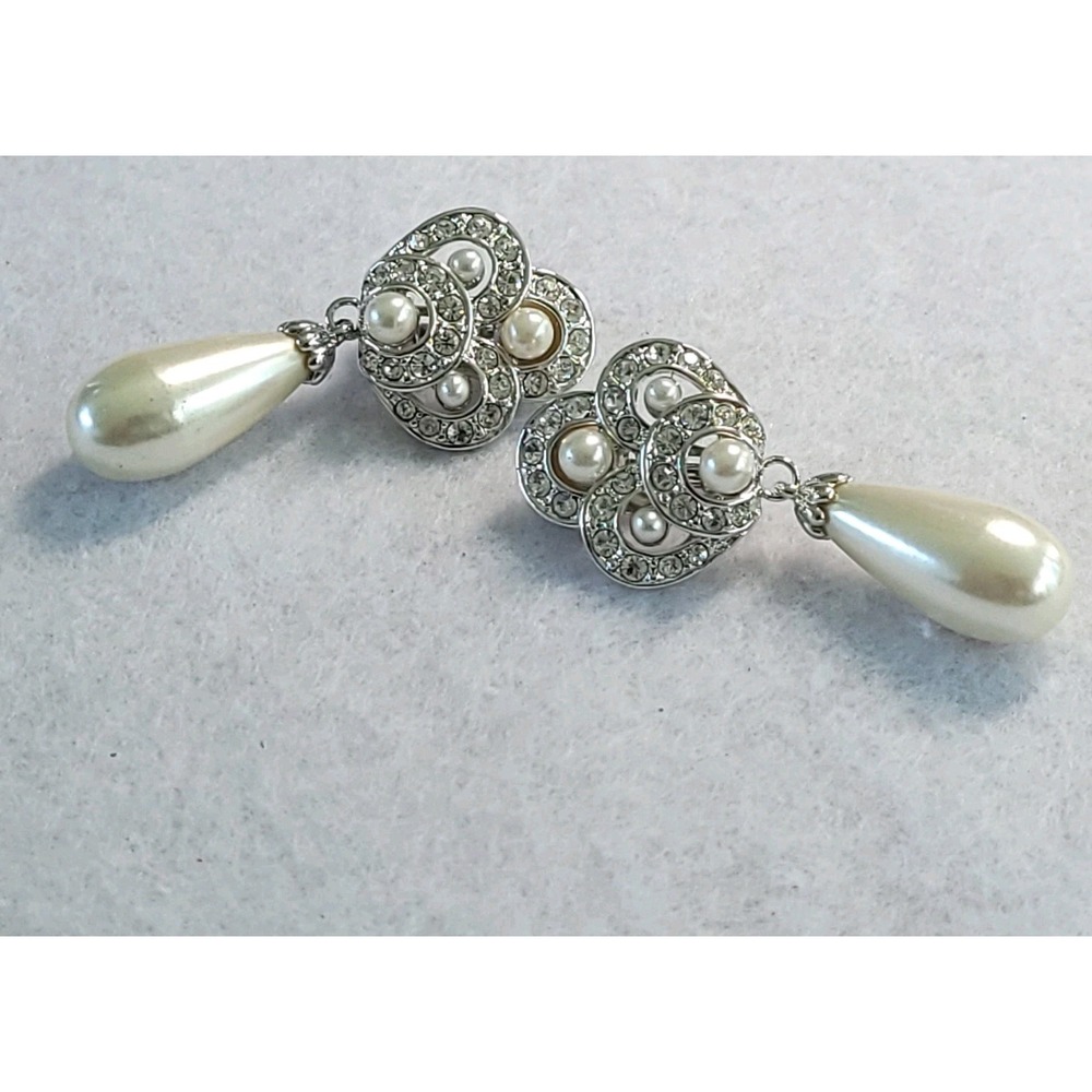 Faux Pearl Rhinestone Clip On Earrings Silver Tone Teardrop Dangle Vintage